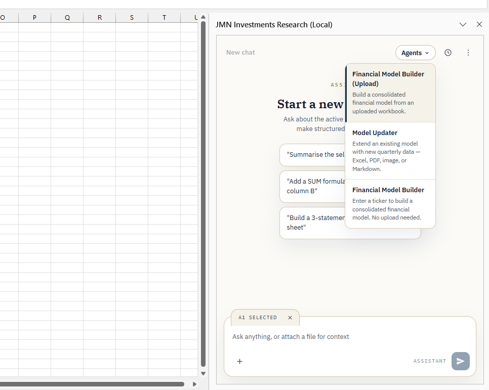 JMN Excel Assistant task pane with the Agents menu open